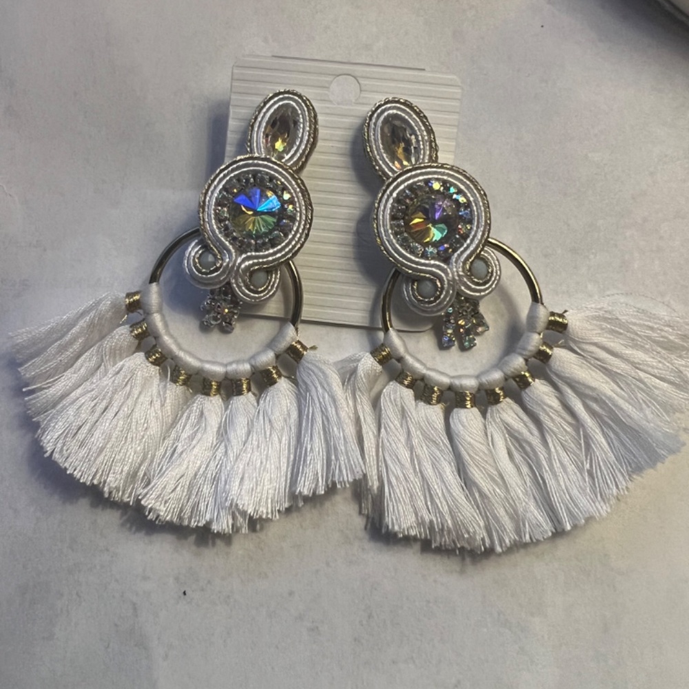 White Tassel Statement Earrings - image 3